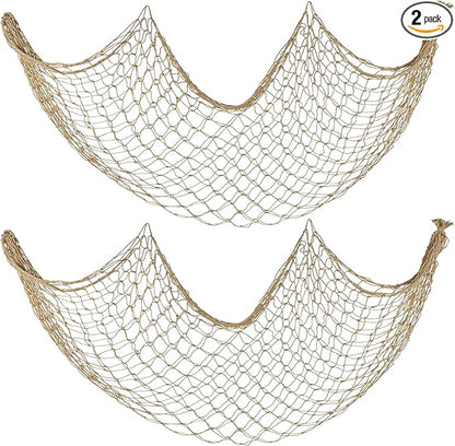 Decorative Fishing Net 2 Pack, 5x10 ft Large Caramel Fish Net Decor for Wall, Photo Display, Nautical Mermaid Pirate Ocean Themed Beach Hawaii Under the Sea Party Decorations
