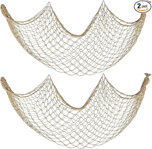 Decorative Fishing Net 2 Pack, 5x10 ft Large Caramel Fish Net Decor for Wall, Photo Display, Nautical Mermaid Pirate Ocean Themed Beach Hawaii Under the Sea Party Decorations