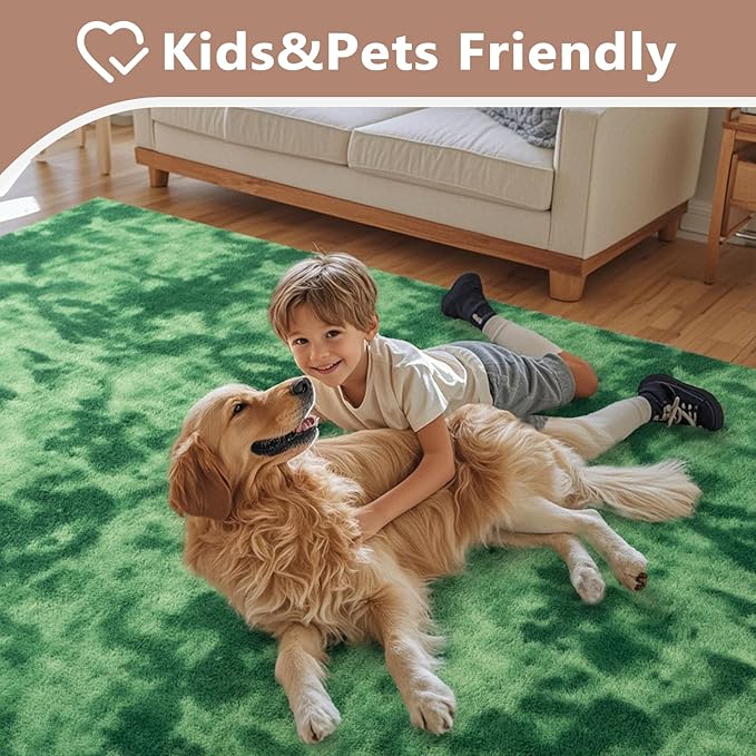 FinRèc 4x6 Washable Area Rugs for Bedroom Living Room, Low Pile Thin Ultra Soft Shag Rug, Non-Slip Carpet Indoor for Home Decor (Tie-dye Green)