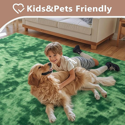 FinRèc 5x7 Washable Area Rugs for Bedroom Living Room, Low Pile Thin Ultra Soft Shag Rug, Non-Slip Carpet Indoor for Home Decor (Tie-dye Green)