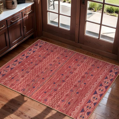 SERISSA 2x3 Rugs for Entryway, Washable Non-Slip Red Ochre Small Area Rug, Soft Low-Pile Boho Geometric Indoor Entry Rug Door Mat Indoor Entrance Front Door Carpet for Bathroom Kitchen Bedroom