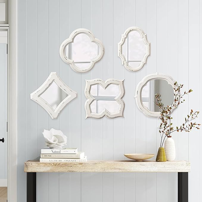 Farmhouse Small Decorative Mirrors for Wall Decor Living Room 7.9 inch, Hanging Distressed White Vintage Wood Frame Bedroom Mirror, Rustic Rhombus Wall Mounted Mirror for Home Decor