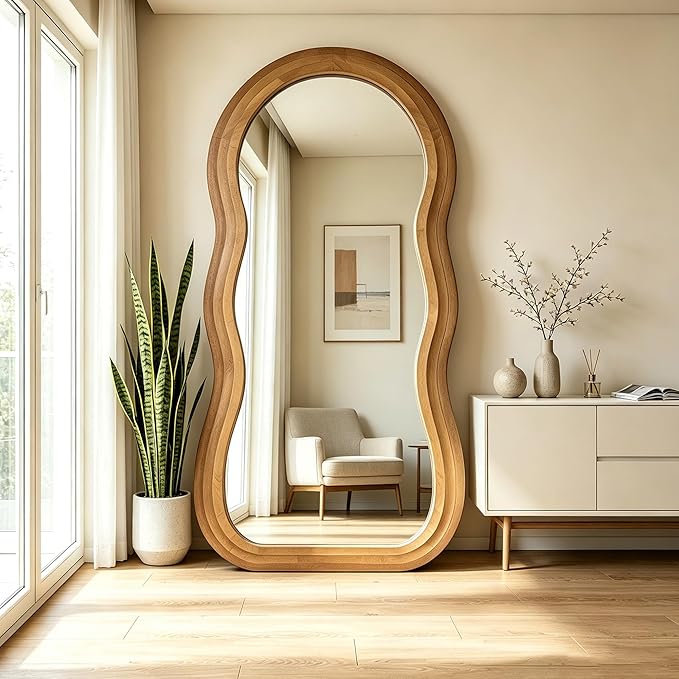 Wavy Full Length Mirror, 71"x33.5" Oversized Aesthetic Floor Mirrors with Triple Layer Solid Wood Frame, Premium Organic Full Body Mirror for Living Room Entryway Cloakroom, Leaning/Hanging