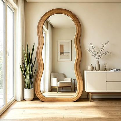 Wavy Full Length Mirror, 71"x33.5" Oversized Aesthetic Floor Mirrors with Triple Layer Solid Wood Frame, Premium Organic Full Body Mirror for Living Room Entryway Cloakroom, Leaning/Hanging