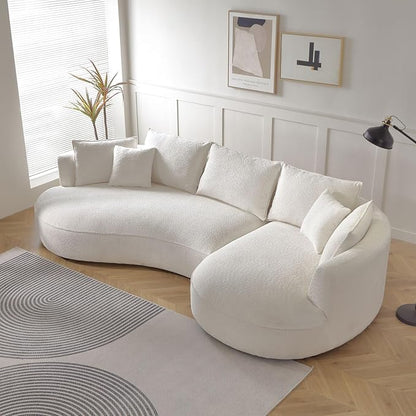 WILLIAMSPACE 124.8" Modern Curved Sofa Couch, Upholstery Boucle Sofa with Pillows, Right Hand Facing Sectional Boucle Fabric Couch for Living Room (Right-Facing,Light Cream)