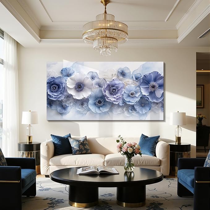 imjiayu Oversized Wall Art, Floral Wall Art, Blue Wall Decor, Blossom Flowers Modern Art Prints, Nature Aesthetic Extra Large Paintings Wall Decor for Living Room Dining Room Office Hotel 29"x57"
