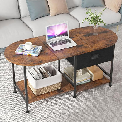 37" Oval Small Coffee Table with Storage,Modern Wood Living Room Center Table for Small Space,Apartment,Home Office,Drawer & Open Shelves,Easy Assembly,Rustic Brown