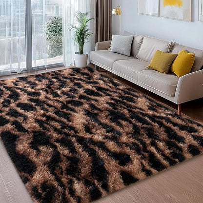 Shag Rugs for Living Room 5x7, Ultra Soft Tie-Dyed Brown Leopard Big Fuzzy Rugs for Bedroom, 5 x 7 Fluffy Shaggy Plush Cheetah Carpet Kids Room Dorm Upgrade Non-Slip