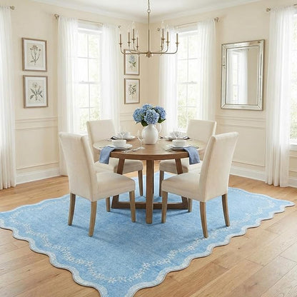 GarveeHome 4x6 Blue Scalloped Washable Area Rug for Nursery Room, Solid Floral Soft Bedroom Rug Non Slip Low Pile Small Carpet Stain Resistant Throw Rug for Dorm Kids Room Office Dining Room