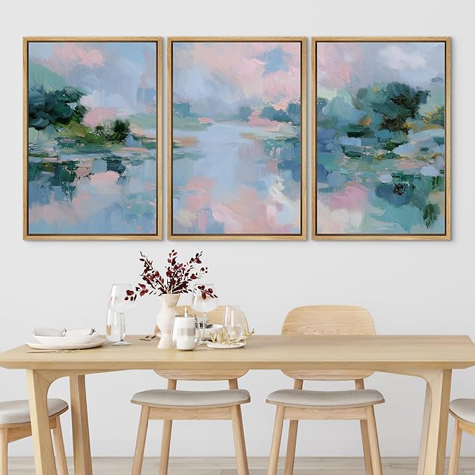 SIGNLEADER Framed Canvas Print Wall Art Set Soft Pastel Lake Landscape Illustrations Minimal Decorative Bohemian Nordic for Living Room, Bedroom, Office - 16"x24"x3 NATURAL
