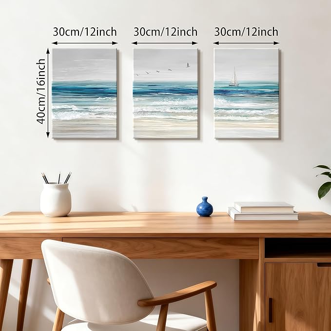 WENGTIAO Abstract Ocean Wall Art Set of 3 Blue Beach Canvas Paintings Minimalist Coastal Prints Pictures Sail Boat Home Decor Seascape Artwork for Living Room Bedroom Hallway 12”x16”x3Pcs