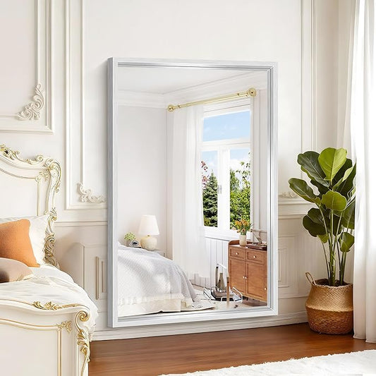 60"x40" Brushed Silver Bathroom Mirror, Large Rectangular Mirror for Wall, 0.6" Thickened Deep Frame Mirrors for Bathroom Sink, Shatterproof Tempered Glass, Antirust, Horizontally or Vertically