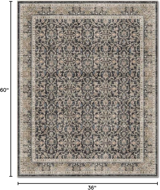 Washable 3x5 Entryway Rug, Boho Non-Slip Vintage Distress Small Rugs for Kitchen Nursery Office Bedroom, 0.3" Neutral Oriental Throw Thin Carpet with Cushioning Pad, Black/Blue/Multi,A1