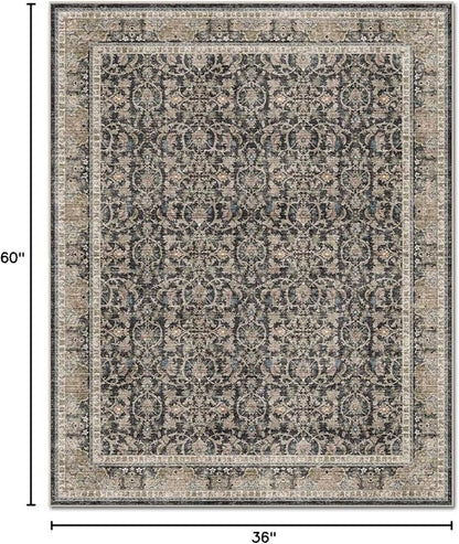 Washable 3x5 Entryway Rug, Boho Non-Slip Vintage Distress Small Rugs for Kitchen Nursery Office Bedroom, 0.3" Neutral Oriental Throw Thin Carpet with Cushioning Pad, Black/Blue/Multi,A1