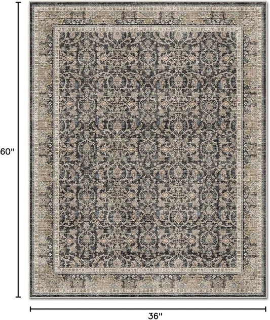 Washable 3x5 Entryway Rug, Boho Non-Slip Vintage Distress Small Rugs for Kitchen Nursery Office Bedroom, 0.3" Neutral Oriental Throw Thin Carpet with Cushioning Pad, Black/Blue/Multi,A1