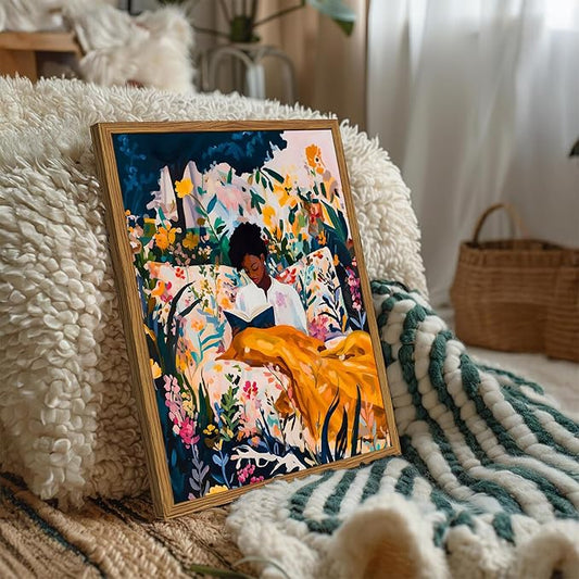 Framed Black Woman Reading Wall Art, Boho Black Girl Colorful Floral Paintings Wall Decor, African American Pictures Canvas Prints Aesthetic Home Decor for Living Room Bedroom Dorm 12x16 inch