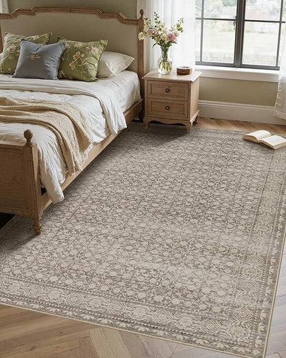 Rugxara Washable Area Rug for Living Room, Vintage Boho Rugs for Office, Dining Room, Kids Room, Farmhouse, Durable Low Pile Non Slip Carpet for High Traffic Areas, Apricot/Beige(4x6 ft)