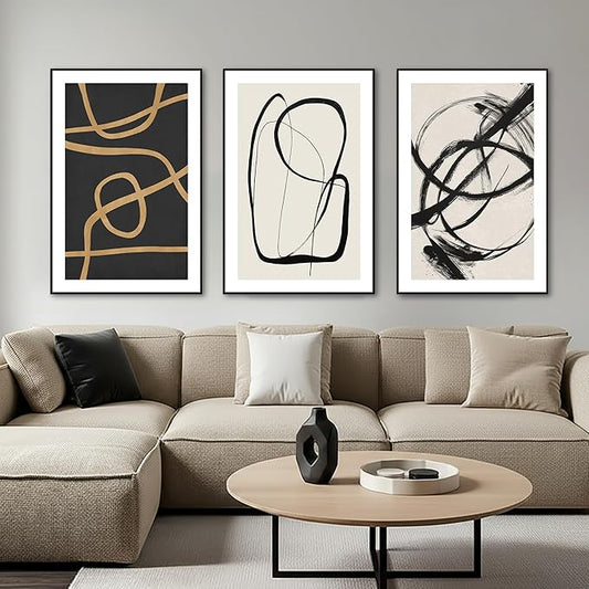 SAFERRYHOME Abstract Graffiti Framed Black and White Black and Gold Wall Art Canvas Prints, Modern Sketches Street Art Decor for Living Room, Home Office, Dining Room, Loft - 3 Pieces 24x36 Inch