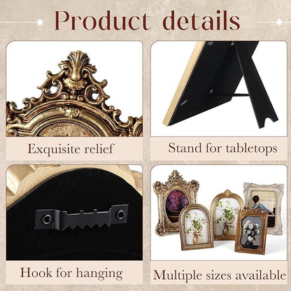 Wonderjune 7 Pcs Vintage Picture Frames Set with Glass Front Antique Gold Gallery Wall Frames 7x9 6x8 5x7 4x6 2x3, Baroque for Home Decor Photography Props Gifts, Wall or Tabletop (Victorian)