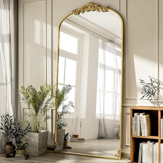 GLSLAND 77"x 38" Vintage Full Length Mirror - Large Carved Floor Mirror with Metal Frame Baroque Arched Full Body Mirrors for Bathroom/Living Room/Entryway,Gold