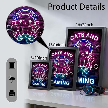 Funny Cat Gaming Wall Art, Neon Gamer Canvas Print Framed, Cute Cartoon Cat with Headset Video Game Poster, Boys Teen Kids Bedroom Gaming Room Wall Decor 8x10 Inch