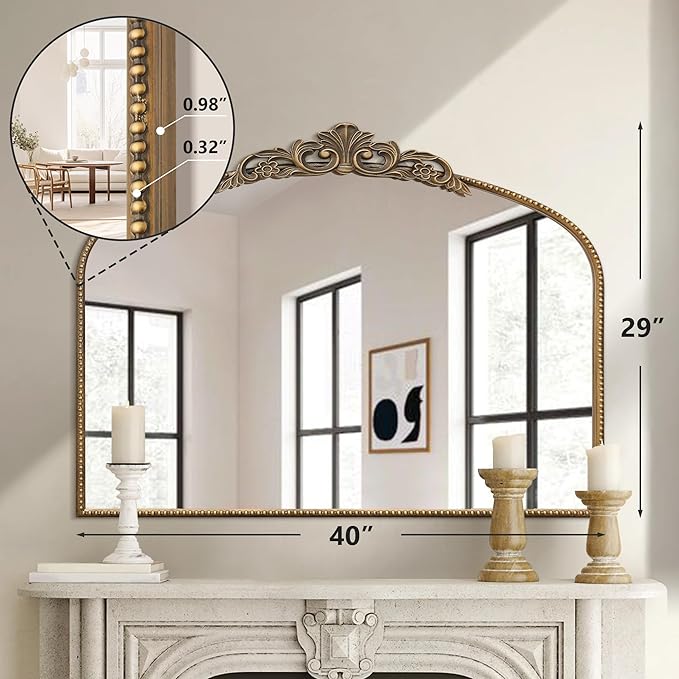 Micasso Large Vintage Gold Mirror: 40"x29" French Baroque Antique Arched Mirror - Traditional Ornate Decorative for Wall/Fireplace/Mantel/Entryway/Bathroom/Hallway - Home Decor for Living Room