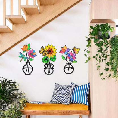 FaloStwer 3Pcs Metal Flowers Wall Arts Rustic Farmhouse Decor, House Minimalist Bathroom Wall Decors Sculptures, Metal Vase Flowers Wall Arts for Living Room Dining Bedroom Wall Decorations Housewarming Gift (Colorful-B)