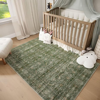 Washable 5x7 Area Rugs for Living Room, Boho Non-Slip Vintage Rugs for Bedroom Dining Room Nursery Office, 0.3" Neutral Oriental Throw Thin Carpet with Cushioning, Grass Green/Multi, D1