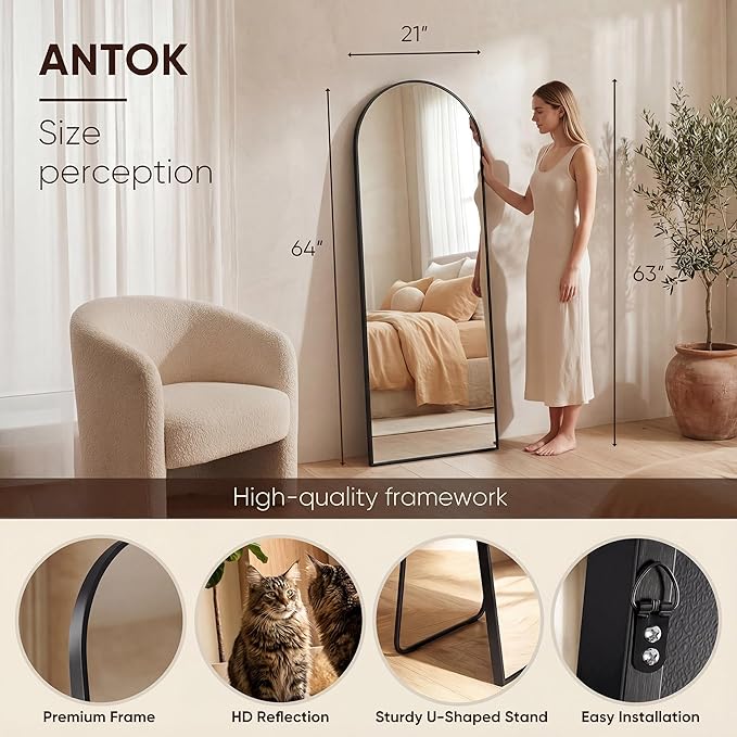 Antok 64" x21” Arched Full Length Floor Mirror, Black Aluminum Frame, Free Standing/Wall Mount/Leaning for Bedroom, Living Room, Dressing Room