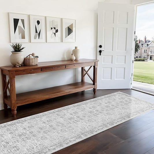 Grey Runner Rugs for Hallway: Abstract Washable Runner Rug 2x8 for Entryway Kitchen Bedroom Bathroom - Modern Cozy Home Decor Long Carpet Mat Stain-Resistant - Light Grey