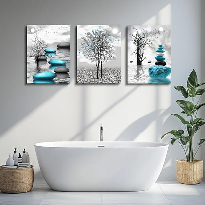 Canvas Wall Art for Living Room Wall Decor for Bedroom Bathroom Black and White Paintings Modern 3 Piece Framed Canvas Art Prints Ready to Hang Inspirational Abstract Blue Pictures Home Decorations