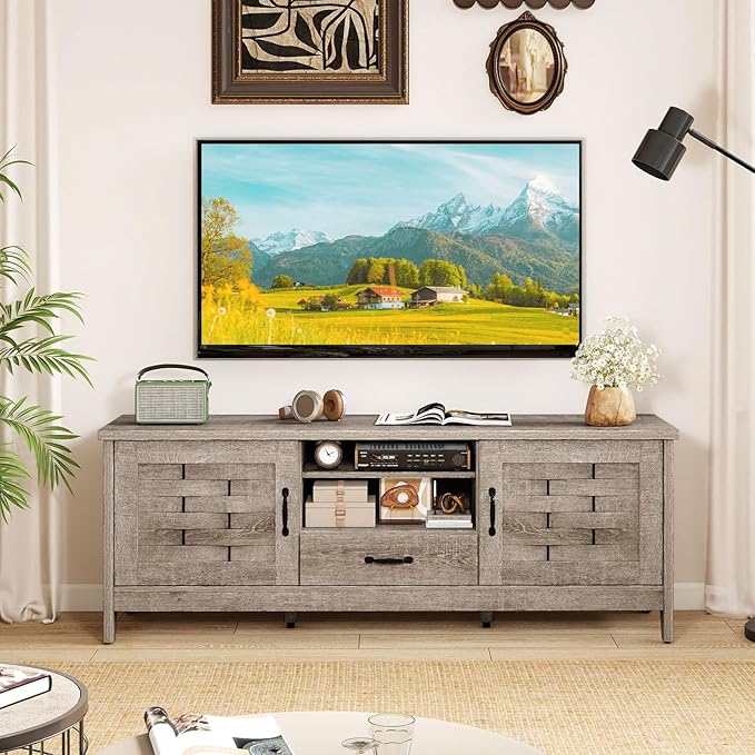 Giantex Farmhouse TV Stand for 65 Inch TVs, 59" Wood Entertainment Center with 2 Woven Accent Doors, Storage Drawer & 3 Adjustable Shelves, Media Console Table for Living Room, Bedroom (Rustic Oak)