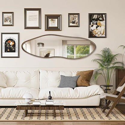 Irregular Full Length Mirror, 65"x22" Wooden Farmhouse Full Body Mirror, Large Asymmetrical Wall Mirrors for Living Room Entryway, Horizontal/Vertical, Vintage Walnut