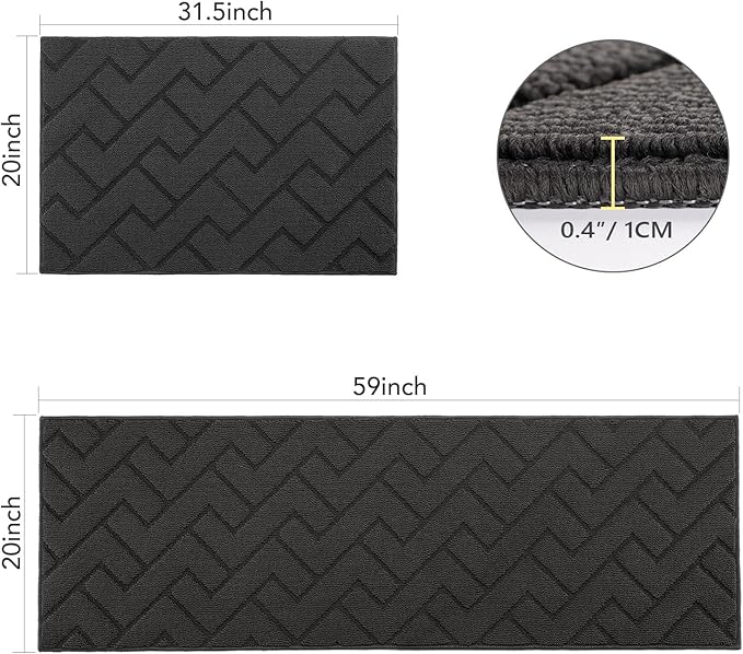 hicorfe Kitchen Runner Rugs and Mats Sets,2 Pieces Absorbent Non-Slip Kitchen Rug,Comfort Kitchen Mat for Floor,Washable for Kitchen,Hallway,Office,Sink,Laundry(20"x59"+20"x32",Charcoal)