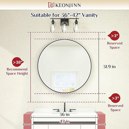 Keonjinn 32 Round LED Mirror for Bathroom with Lights, 3 Color Lights Gold Metal Framed Frontlit, Circular Wall Vanity Mirror Dimmable Makeup Mirror Anti Fog UL Listed CRI≥90