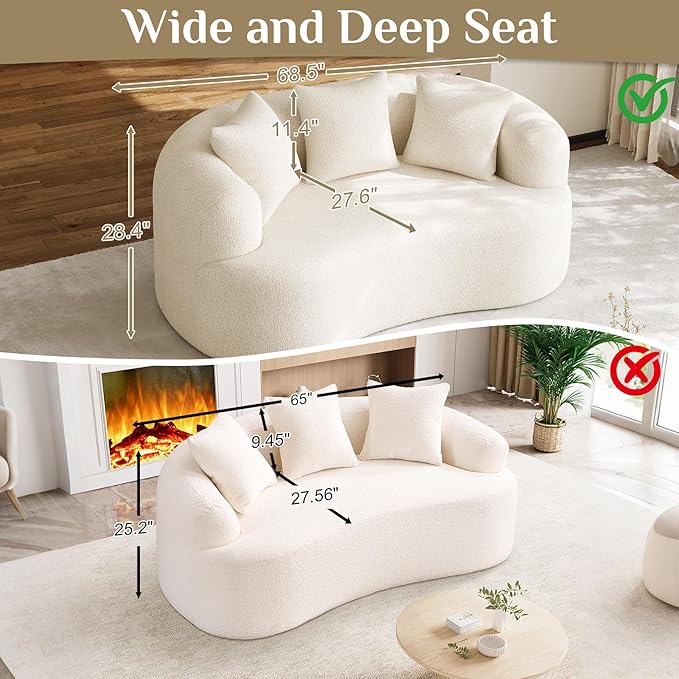 DAMAIFROM 68.5" Loveseat Sofa for Living Room, Modern Luxury Plush Chenille Extra Deep Seat Curved Cloud Floor Couch with 3 Throw Pillows for Small Spaces, No Assembly Needed, Cream White