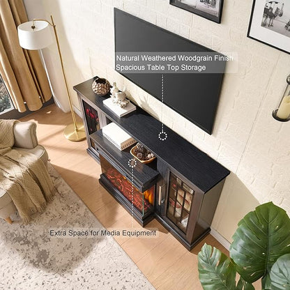 59 Inch LED TV Stand with 3-Side Glass Fireplace, Modern Media Entertainment Center Console Table for TVs up to 65 Inch with Adjustable Flame & LED Color, 24’’ Fireplace, Highboy, Black
