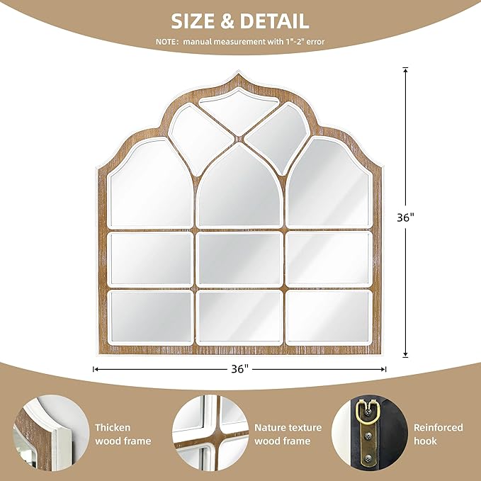 36x36 Inch Window Pane Wall Mirror, Farmhouse Gothic Arched Mirror, Rustic Decorative Cathedral Mirror for Living Room Entryway Home Decor