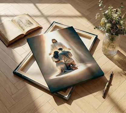 Jesus Blesses Couple Canvas Wall Art Couple Kneeling and Praying to Jesus Wall Decor Picture Christianity Jesus Christ Postre Print for Bedroom Living Room Church Prayer Room Artwork Home Decoration