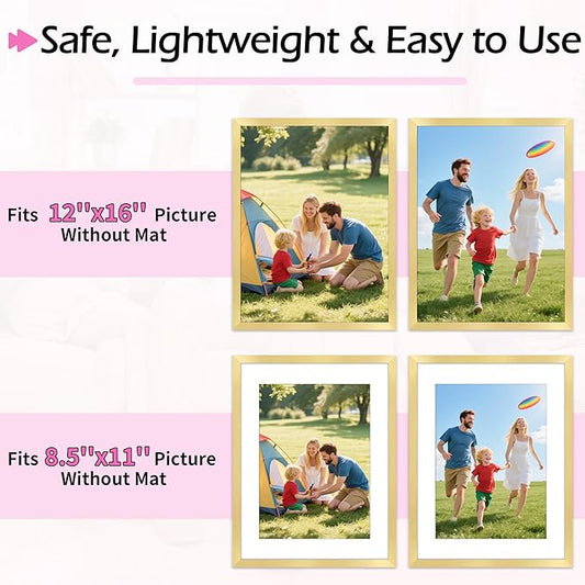 12x16 Picture Frame, 12 x 16 Gold Frame with HD Plexiglass, Display Pictures 8.5x11 with Mat or 12x16 Without, Wall Hanging Photo Frame Poster Frames for Home Office Gallery Decor, 2 Pack