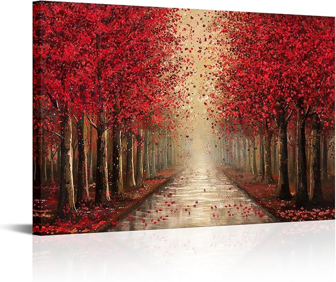NutArtPic Forest Path Canvas Wall Art Red Tree Painting Black Red Landscape Art Prints Fantasy Tree Artwork Nature Pictures Prints 24''x36''