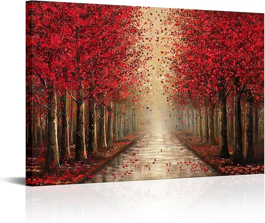 NutArtPic Forest Path Canvas Wall Art Red Tree Painting Black Red Landscape Art Prints Fantasy Tree Artwork Nature Pictures Prints 24''x36''