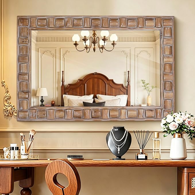 36x24 Inch Rustic Rectangle Wall Mirror - Solid Wood Frame Bathroom Vanity Mirror for Over Sink, Entryway, Living Room & Bedroom