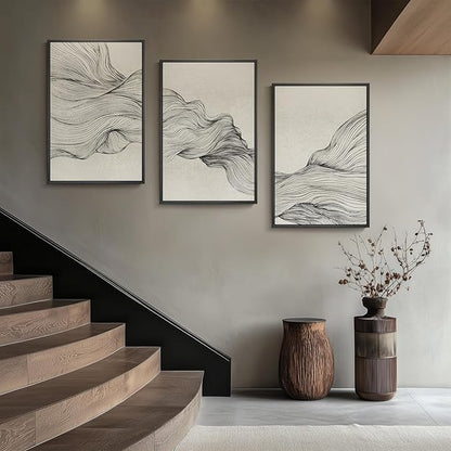 Large Framed Black and Beige Neutral Abstract Wall Art for Living Room, 3 Piece Modern Canvas Prints Paintings Artwork for Walls, Minimalist Lines Pictures for Hallway Stair Office Wall Decor 24x36 In