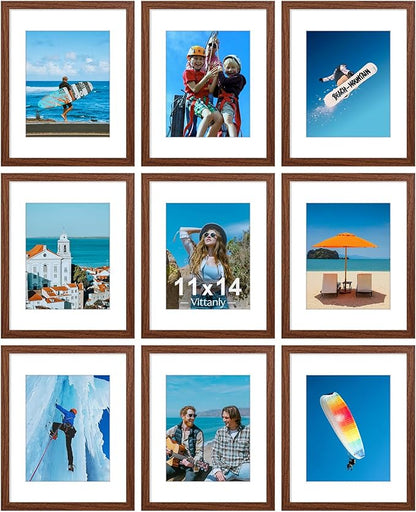 Vittanly 11x14 Picture Frames Set of 9, Display 8x10 Pictures with Mat or 11x14 without Mat, Photo Frames for Wall or Tabletop with Plexiglass, Engineered Wood, Wood Grain Brown