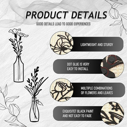 PAASTAI 3 Pieces Metal Flowers Wall Art - Minimalist Farmhouse Wall Hanging Decor for Living Room, Bedroom, Kitchen, Bathroom, Hallway - Floral Home and Office Decor (DK-03)