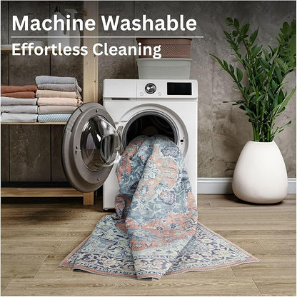 Bloom Rugs Washable Non-Slip 12 ft Runner - Coral/Blue Traditional Medallion Runner for Entryway, Hallway, Bathroom, and Kitchen - Exact Size: 2.5' x 12'