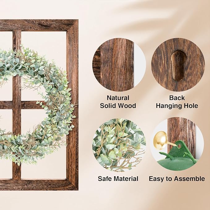 WAKOSAN Rustic Wood Window Frame with Green Wreath and Arrows Wall Decor, Farmhouse Wooden Fake Window Decoration for Bedroom Living Room,Set of 2 (Large Brown)