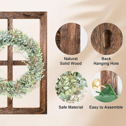 WAKOSAN Rustic Wood Window Frame with Green Wreath and Arrows Wall Decor, Farmhouse Wooden Fake Window Decoration for Bedroom Living Room,Set of 2 (Large Brown)