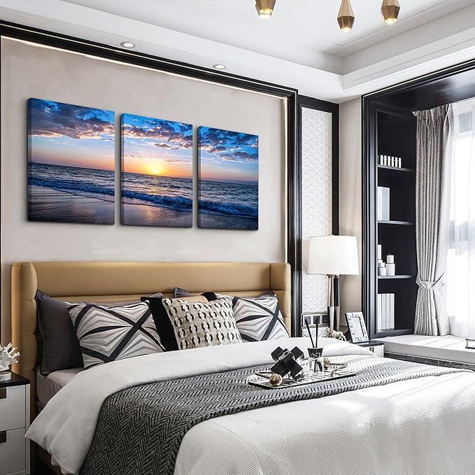 Framed Canvas Wall Art for living room Large Size Office Wall Decor Sunrise blue sea view Wall Pictures Artwork ocean Paintings Ready to Hang for Modern bedroom Home Decoration 16" x 24" 3 Pieces